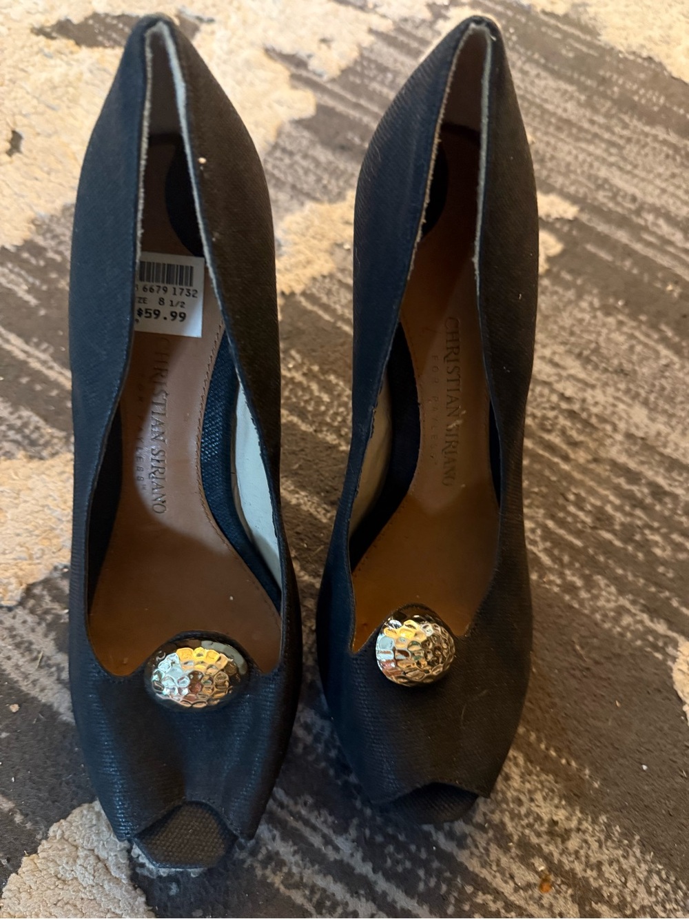 Christian Siriano Black Peep-Toe Pumps with Gold Medallion